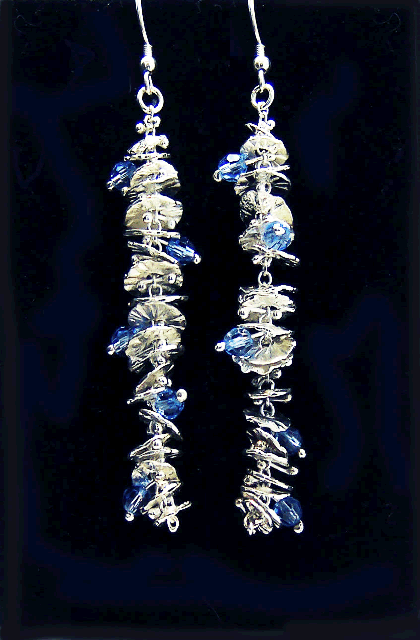 Silver Catkin Hoop Earrings with Blue Beads